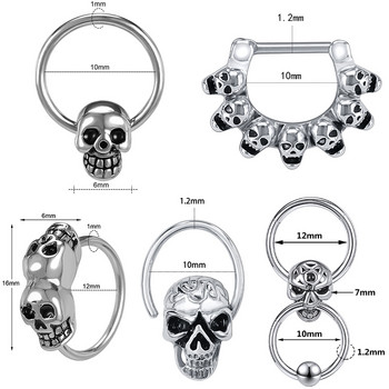 ZS 16G Skull Septum Piercing Skeleton Punk Nose Ring από ανοξείδωτο ατσάλι Skull Body Piercing Κοσμήματα Σκουλαρίκι Helix Nose Click
