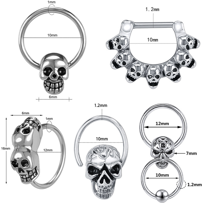 ZS 16G Piercing la septul craniului schelet punk inel pentru nas din oțel inoxidabil craniu piercing pe corp bijuterii cercel cerc Helix nas Click