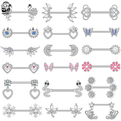2 buc. Piercing pentru mamelon din serie de animale din titan, cu bară, cu bară de scut cu inimă de flori de modă, pentru femei, fete, piercing pentru mamelon