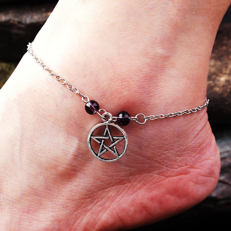 Gotičke vintage narukvice za žene Pentagram Ljubičasti kristal Čarobni lančići za stopala Dodaci u srebrnoj boji Nakit Narukvica na nozi