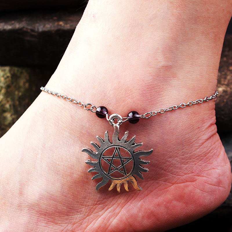 Gotičke vintage narukvice za žene Pentagram Ljubičasti kristal Čarobni lančići za stopala Dodaci u srebrnoj boji Nakit Narukvica na nozi