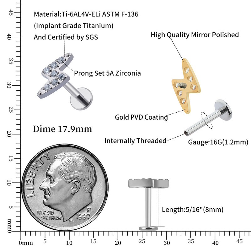 Dreapta Grand Implant Grad Titanium Filet Intern Set gheare Lightning Cartilage Tragus Labret Ends
