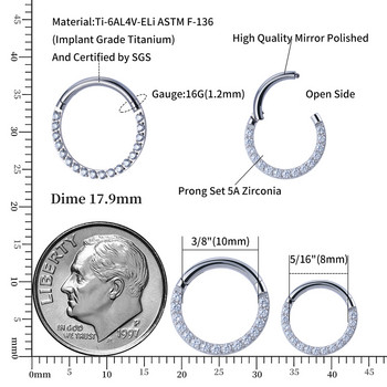 Right Grand ASTM F136 Titanium 16G Zirconia Gem Stone Daith Ear Nose Clicker Ring Бижута за пиърсинг на тялото