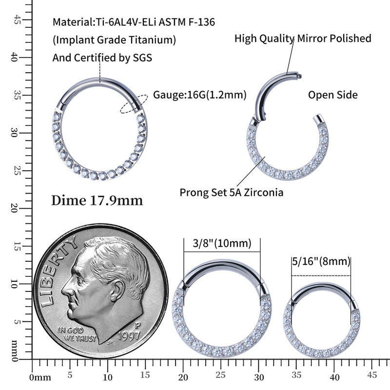 Dreapta Grand ASTM F136 titan 16G zirconiu piatră prețioasă Daith ureche nas Clicker inel corp piercing bijuterii