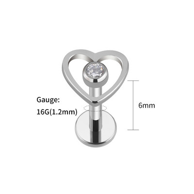 Dreapta Grand 16G Cubic Zirconia ASTM F136 Titanium Heart Stud Cerce Labret Lip Tragus Helix Cartilage Ureche Piercing