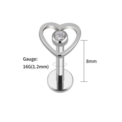 Dreapta Grand 16G Cubic Zirconia ASTM F136 Titanium Heart Stud Cerce Labret Lip Tragus Helix Cartilage Ureche Piercing