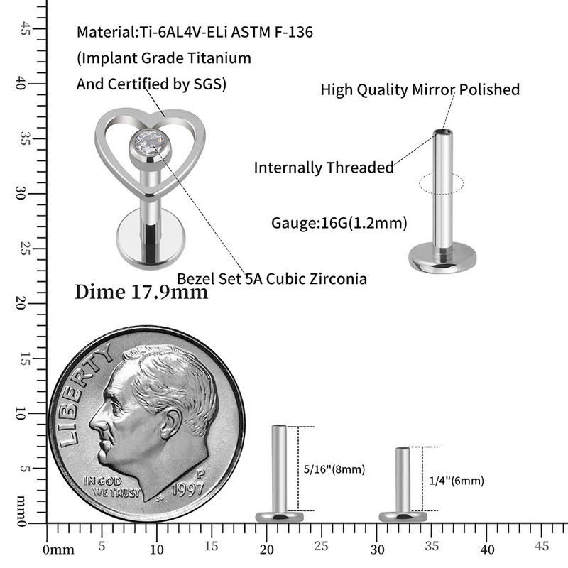 Dreapta Grand 16G Cubic Zirconia ASTM F136 Titanium Heart Stud Cerce Labret Lip Tragus Helix Cartilage Ureche Piercing
