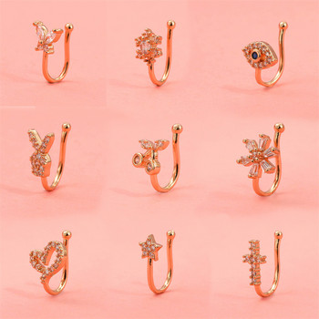 Ψεύτικο δαχτυλίδι μύτης Κρυστάλλινα μανσέτα αυτιού Ψεύτικα τρυπημένα κοσμήματα σώματος για γυναίκες εφήβους Επιχρυσωμένο ασήμι CZ Zircon Cooper Διακοσμητικά με κλιπ