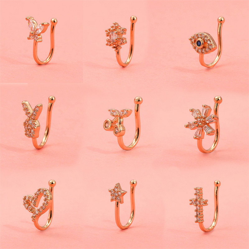 Inel pentru nas fals Manșetă pentru urechi de cristal Piercing fals Bijuterii pentru corp pentru femei Adolescenți Placat cu aur cu argint CZ Zircon Cooper Clip Ornamente