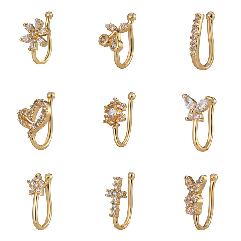 Inel pentru nas fals Manșetă pentru urechi de cristal Piercing fals Bijuterii pentru corp pentru femei Adolescenți Placat cu aur cu argint CZ Zircon Cooper Clip Ornamente