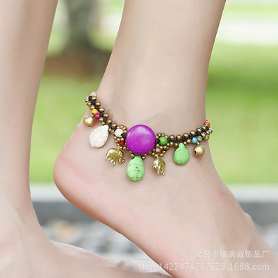 Stil boem european și american gleznă de femeie din piatră semiprețioasă frânghie de ceară țesute manual elefant, vacanță, gleznă de femeie