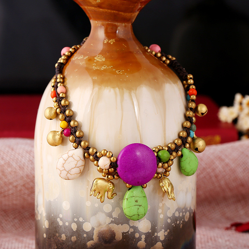 Stil boem european și american gleznă de femeie din piatră semiprețioasă frânghie de ceară țesute manual elefant, vacanță, gleznă de femeie