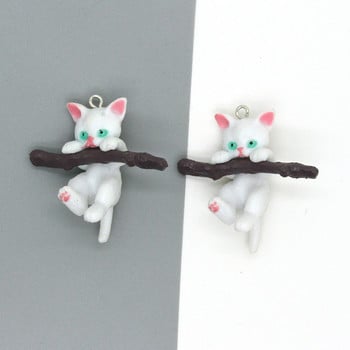 2 τμχ Kawaii Biting Tree Branch Cat Resin Charms For Keychains Κολιέ Κρεμαστό αξεσουάρ DIY 3D Crafts Ζωικά κοσμήματα