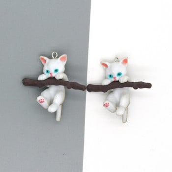 2 τμχ Kawaii Biting Tree Branch Cat Resin Charms For Keychains Κολιέ Κρεμαστό αξεσουάρ DIY 3D Crafts Ζωικά κοσμήματα