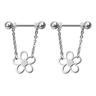 2 buc Piercing pentru mamelon cu flori Barbell Bar inel pentru mamelon din oțel inoxidabil Husă sexy pentru scut de sân pentru femei, bijuterii cu lanț suspendate 14G