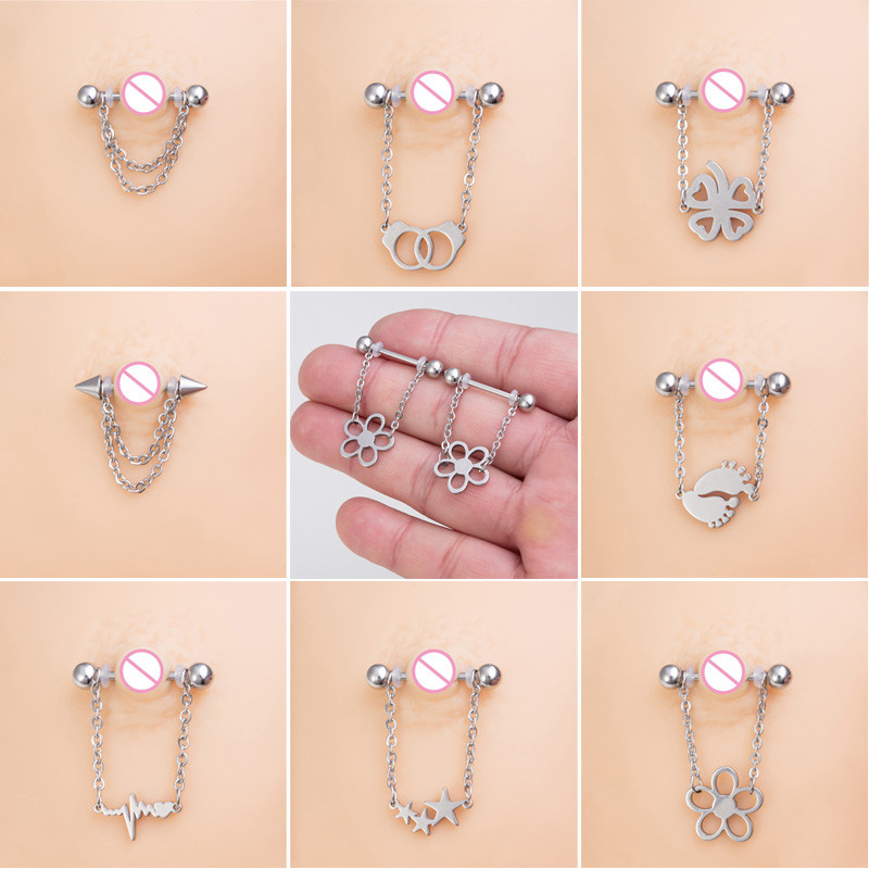 2 buc Piercing pentru mamelon cu flori Barbell Bar inel pentru mamelon din oțel inoxidabil Husă sexy pentru scut de sân pentru femei, bijuterii cu lanț suspendate 14G