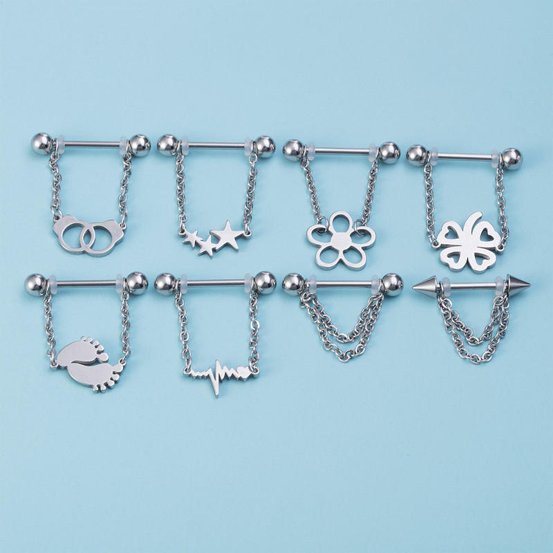 2 buc Piercing pentru mamelon cu flori Barbell Bar inel pentru mamelon din oțel inoxidabil Husă sexy pentru scut de sân pentru femei, bijuterii cu lanț suspendate 14G