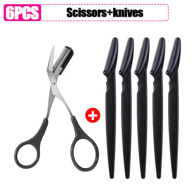 Antakių skutimosi peilis Antakių žirklės su šukomis nerūdijančio plieno plastikinis skustuvas veido plaukų šalinimo skustuvo skustuvo makiažo įrankis