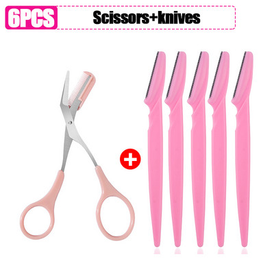 Antakių skutimosi peilis Antakių žirklės su šukomis nerūdijančio plieno plastikinis skustuvas veido plaukų šalinimo skustuvo skustuvo makiažo įrankis