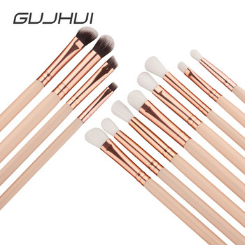 GUJHUI 12Pcs Professional Eyes Makeup Brushes Set Wood Handle Eyeshadow Eyebrow Eyeliner Blending Powder Smudge Brush #257601