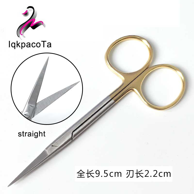 Foarfece din oțel inoxidabil cu mâner auriu de 9,5 cm foarfece de sutură chirurgicală curbate drepte cu vârfuri foarfece pentru pleoape duble