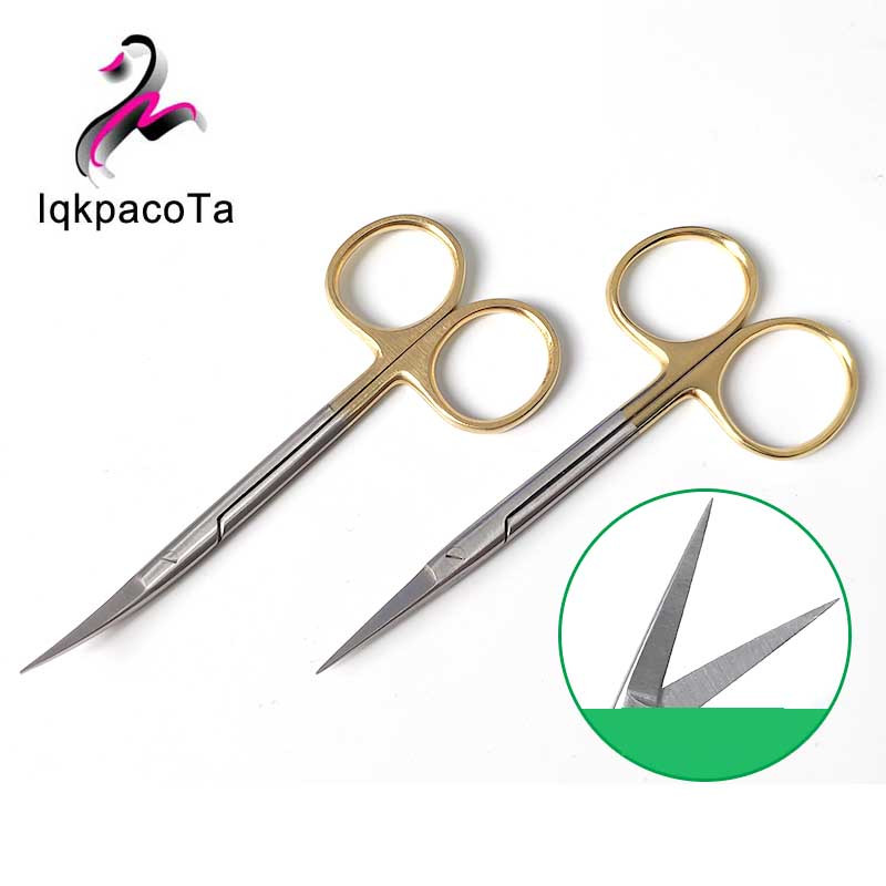 Foarfece din oțel inoxidabil cu mâner auriu de 9,5 cm foarfece de sutură chirurgicală curbate drepte cu vârfuri foarfece pentru pleoape duble