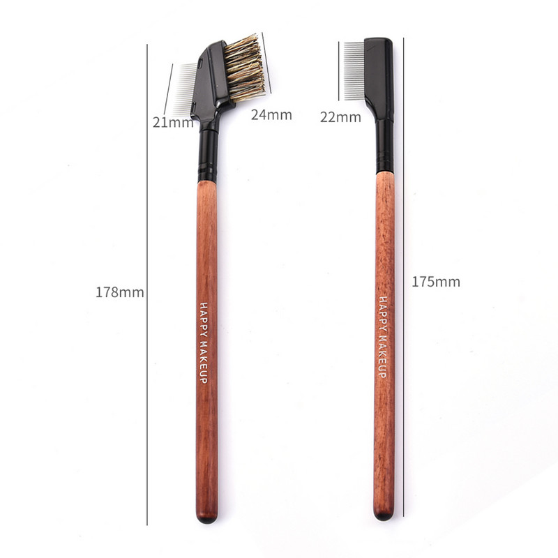 1 pieptene din oțel inoxidabil pentru sprâncene, mâner din lemn, perie de machiaj cu două fețe, cu scop dublu, pieptene pentru gene cu capac, instrumente cosmetice