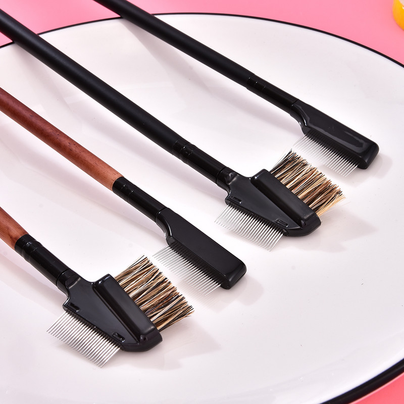 1 pieptene din oțel inoxidabil pentru sprâncene, mâner din lemn, perie de machiaj cu două fețe, cu scop dublu, pieptene pentru gene cu capac, instrumente cosmetice