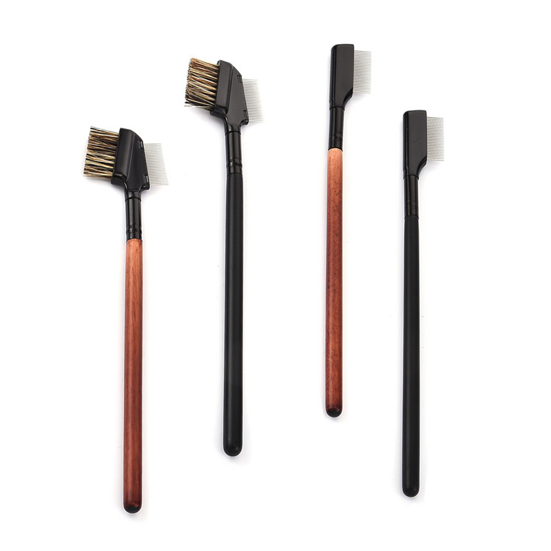 1 pieptene din oțel inoxidabil pentru sprâncene, mâner din lemn, perie de machiaj cu două fețe, cu scop dublu, pieptene pentru gene cu capac, instrumente cosmetice