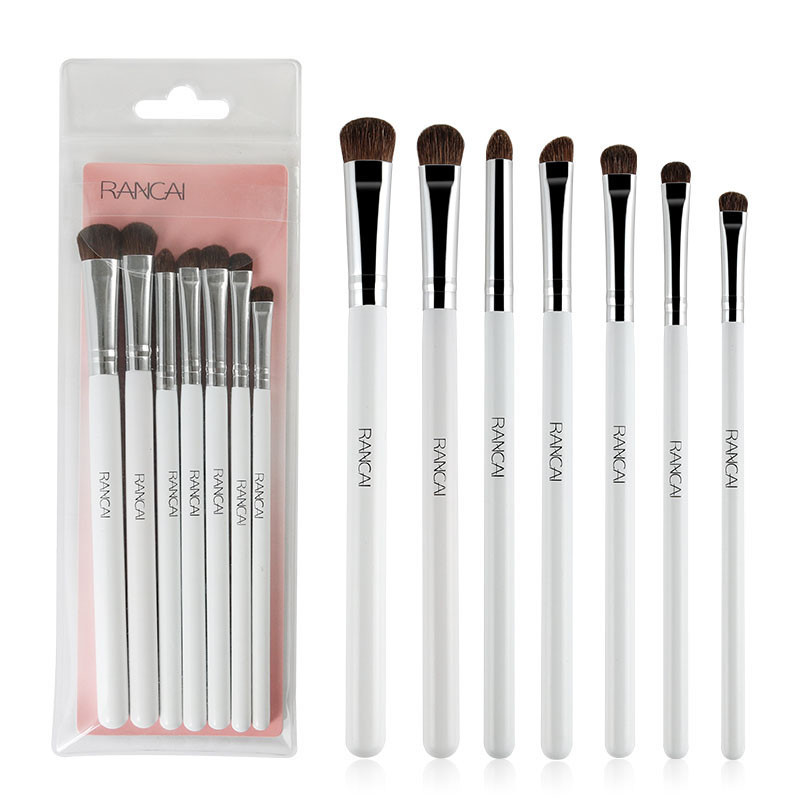 RANCAI Set de 7 perii pentru umbre de pleoape Cosmetice naturale pentru păr de ponei Amestecare Smudge Shader Perii de machiaj Kit de cosmetice pentru frumusețe