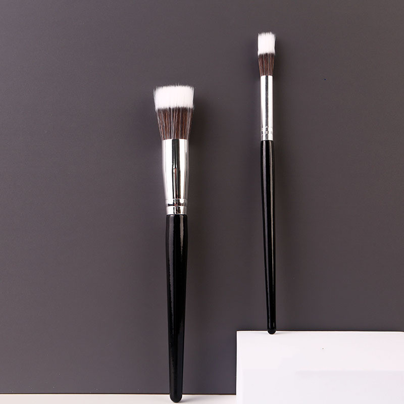 1/2 db Stippling smink ecsetek Kétrétegű természetes pirosító ecset kozmetikai pirosító kiemelő bronzosító kontúr púder keverő eszköz