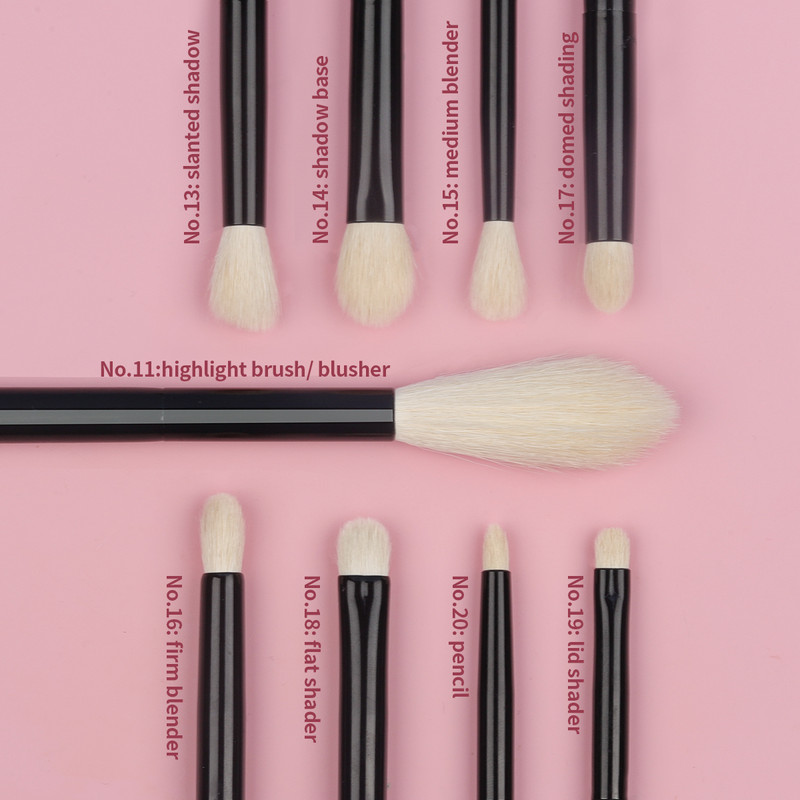 OVW 9 buc. Păr de capră alb pentru machiaj fard de ochi Set de pensule pentru fard de obraz pentru iluminat, mâner negru, portabil, pentru călătorie