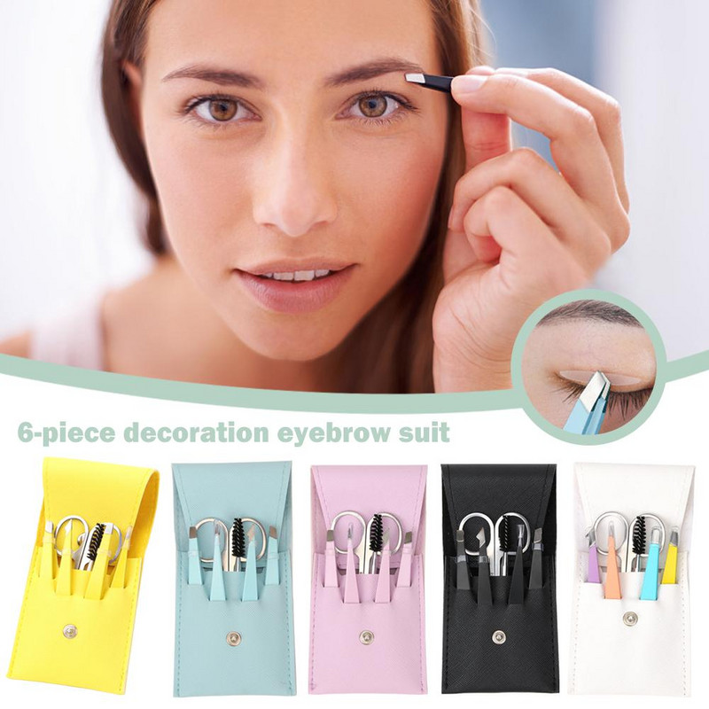 Set de 6 pensete pentru sprancene cu foarfece curbate, perie pentru gene, barbă, pentru îndepărtarea părului sprâncenelor, pentru îndepărtarea părului de față, agrafe