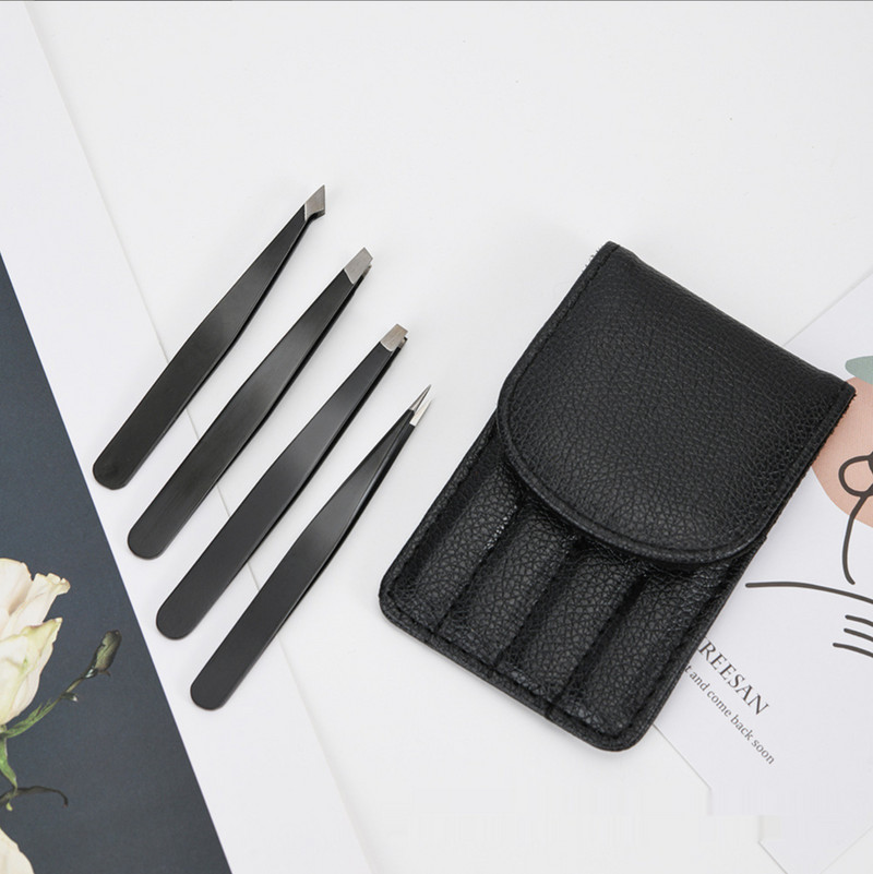 LIZY 4vnt antakių pincetų rinkinys Profesionalus nerūdijančio plieno smailus įstrižas plokščias kabliuko galiukas plaukelių šalinimo makiažo priemonės su juodu maišeliu