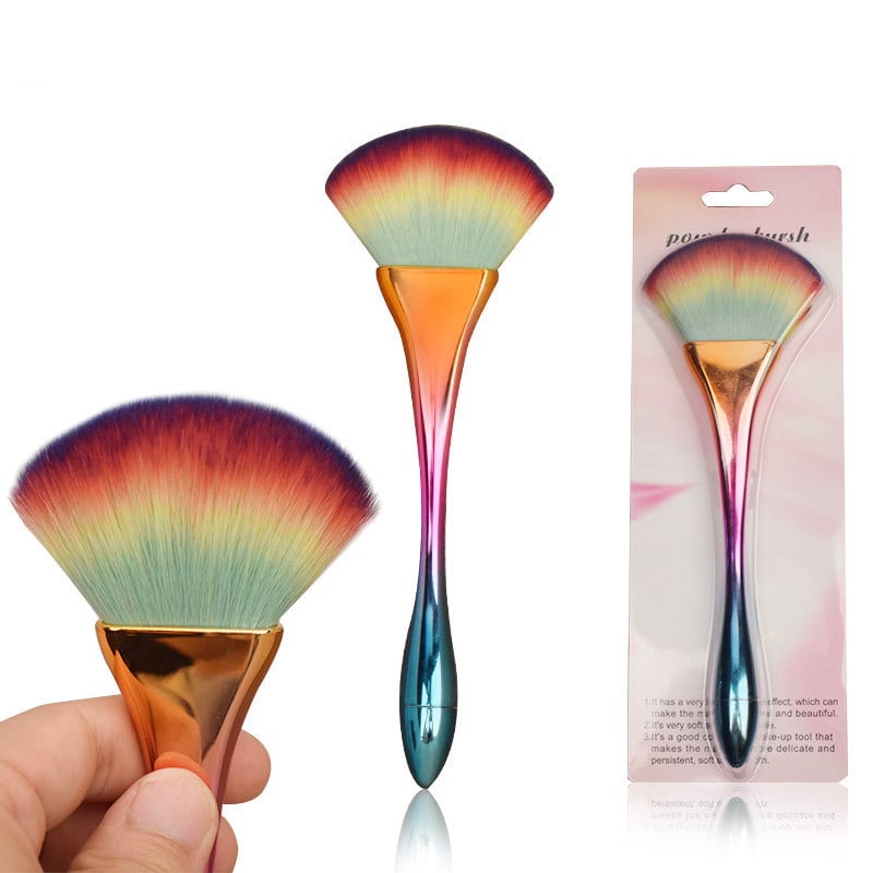 Profesionalūs vaivorykštės vėduoklės formos vienetiniai makiažo šepetėliai ploni juosmens rankena spalvingas šepetėlis Išsklaidytas pudros ventiliatoriaus skaistalų šepetėlis