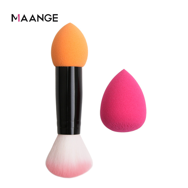 MAANGE 1 perie profesională pentru fard de obraz 2 capete Pensule de machiaj din nailon Instrumente cosmetice metalice cu două capete cu burete pentru instrumente de machiaj