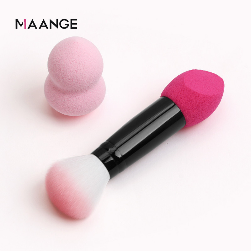 MAANGE 1 perie profesională pentru fard de obraz 2 capete Pensule de machiaj din nailon Instrumente cosmetice metalice cu două capete cu burete pentru instrumente de machiaj