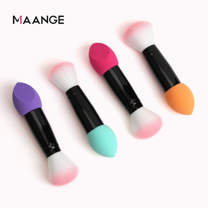 MAANGE 1 perie profesională pentru fard de obraz 2 capete Pensule de machiaj din nailon Instrumente cosmetice metalice cu două capete cu burete pentru instrumente de machiaj
