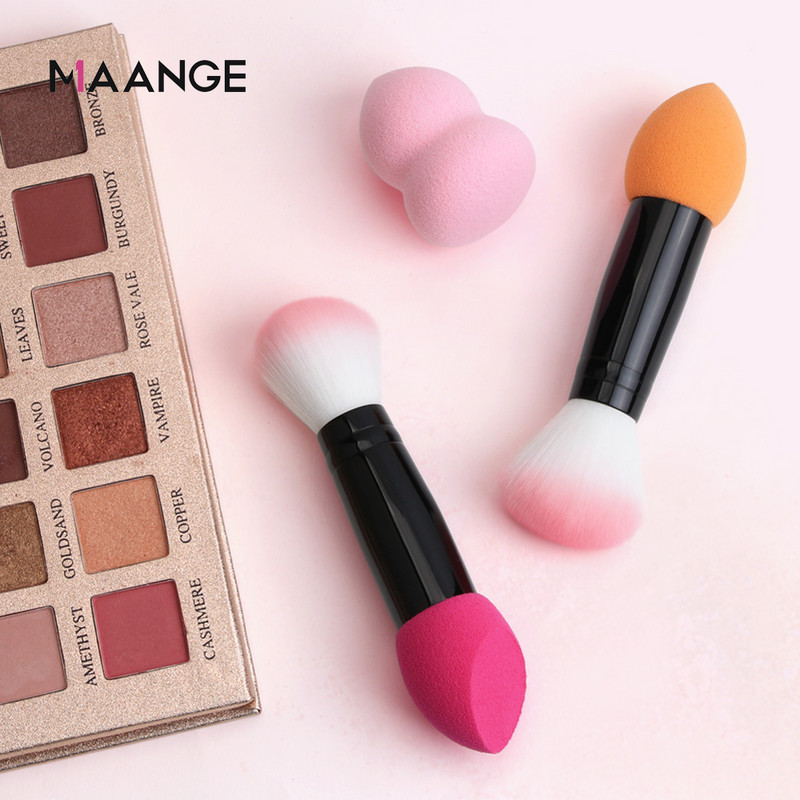 MAANGE 1 perie profesională pentru fard de obraz 2 capete Pensule de machiaj din nailon Instrumente cosmetice metalice cu două capete cu burete pentru instrumente de machiaj
