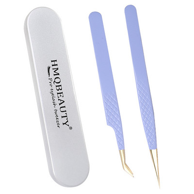 Pensete pentru gene false 2 buc cu cutie Design anti-alunecare Pensetă antistatică de înaltă precizie Accesorii pentru extensie pentru gene Instrument de machiaj