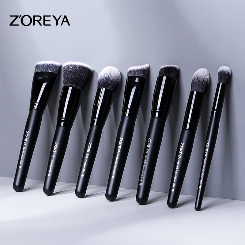 ZOREYA 7 buc. Set pensule de machiaj negre, pudră pentru gene profesionale pentru sprâncene, pensule sintetice pentru fond de ten, cosmetice, frumusețe
