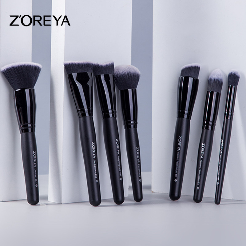 ZOREYA 7 buc. Set pensule de machiaj negre, pudră pentru gene profesionale pentru sprâncene, pensule sintetice pentru fond de ten, cosmetice, frumusețe