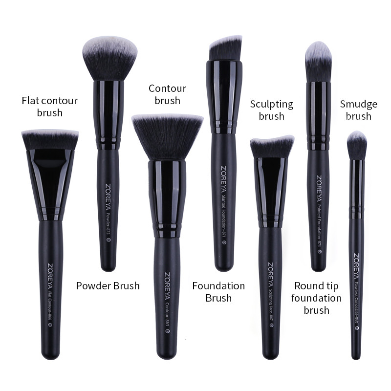 ZOREYA 7 buc. Set pensule de machiaj negre, pudră pentru gene profesionale pentru sprâncene, pensule sintetice pentru fond de ten, cosmetice, frumusețe
