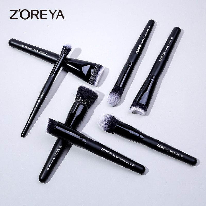 ZOREYA 7 buc. Set pensule de machiaj negre, pudră pentru gene profesionale pentru sprâncene, pensule sintetice pentru fond de ten, cosmetice, frumusețe