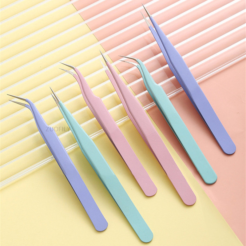 Nerūdijančio plieno tiesus + lenktas spalvotas pincetas nagų dailinimui. Lipdukų krištolas rinkimo įrankis Makiažo blakstienų DIY pincetas