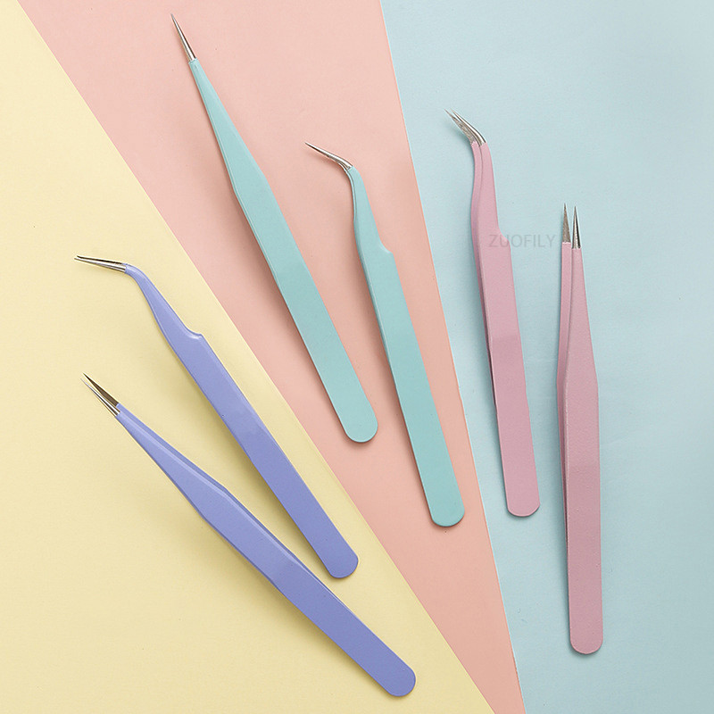 Nerūdijančio plieno tiesus + lenktas spalvotas pincetas nagų dailinimui. Lipdukų krištolas rinkimo įrankis Makiažo blakstienų DIY pincetas