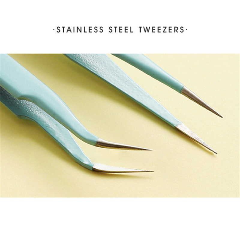 Nerūdijančio plieno tiesus + lenktas spalvotas pincetas nagų dailinimui. Lipdukų krištolas rinkimo įrankis Makiažo blakstienų DIY pincetas
