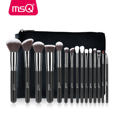 Set de pensule de machiaj MSQ Professional 15 buc. Pudră pentru fond de ten Fard de pleoape Kit de perii de machiaj Cosmetice Păr sintetic Husă din piele PU