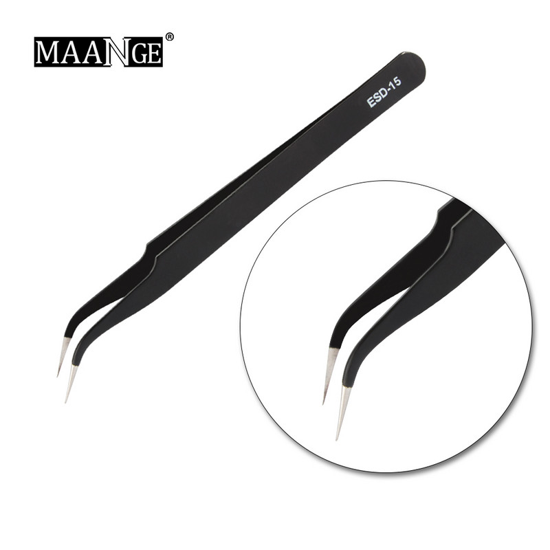 MAANGE 1 buc. Instrument de alegere a gelului acrilic pentru arta unghiilor, pietre prețioase, decor pentru gene negre, pensete antistatice, bricolaj, cu clemă de mână pentru ochi