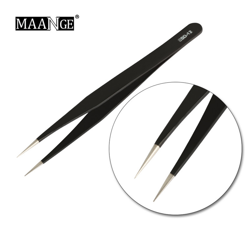 MAANGE 1 buc. Instrument de alegere a gelului acrilic pentru arta unghiilor, pietre prețioase, decor pentru gene negre, pensete antistatice, bricolaj, cu clemă de mână pentru ochi